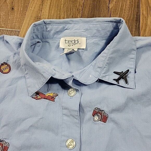 Vintage Teddi Shirt Womens XL Cameras Planes Embroidery Button Up Toll Tab STAIN - Picture 4 of 9